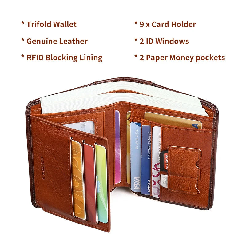 Geruola Dark Brown RFID Slim Leather Wallet with Embossed Detail (Unisex)